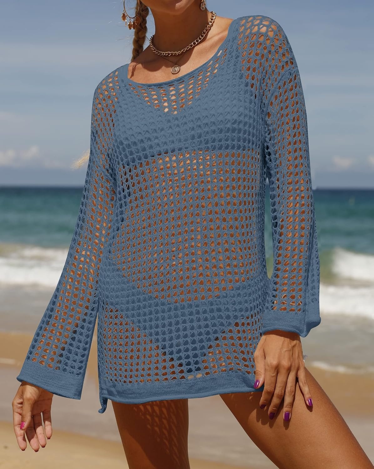 image:imageZESICA Womens 2026 Summer Crochet Hollow Out Long Sleeve Beach Bikini Swimsuit Mesh Cover Up Tunic TopDustyblue