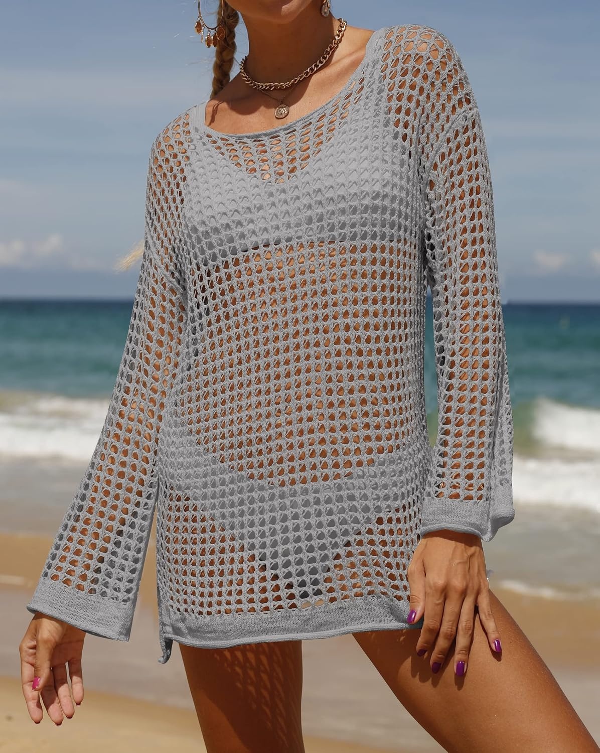 image:imageZESICA Womens 2026 Summer Crochet Hollow Out Long Sleeve Beach Bikini Swimsuit Mesh Cover Up Tunic TopGrey