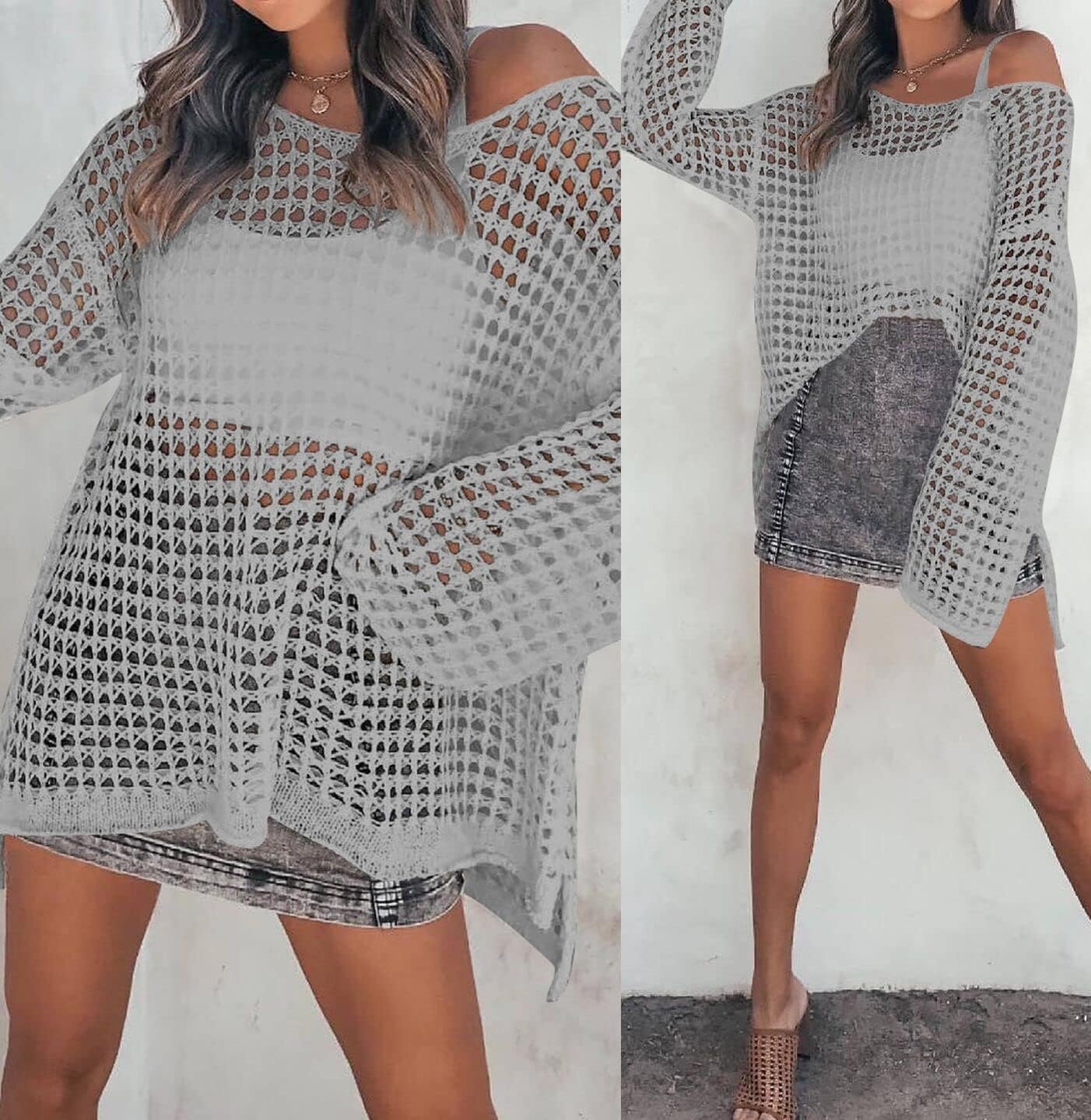 image:imageZESICA Womens 2026 Summer Crochet Hollow Out Long Sleeve Beach Bikini Swimsuit Mesh Cover Up Tunic TopGrey