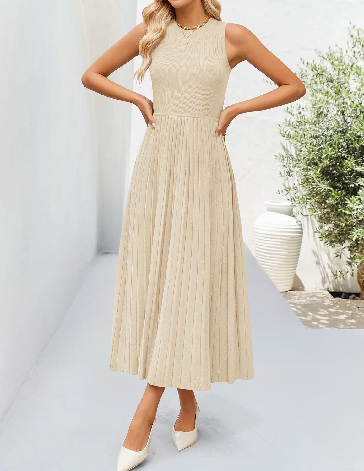 image:imageZESICA Womens Summer Sleeveless Sweater Dresses 2026 Crewneck Knit Pleated A Line Flowy Business Formal Party Midi DressApricot