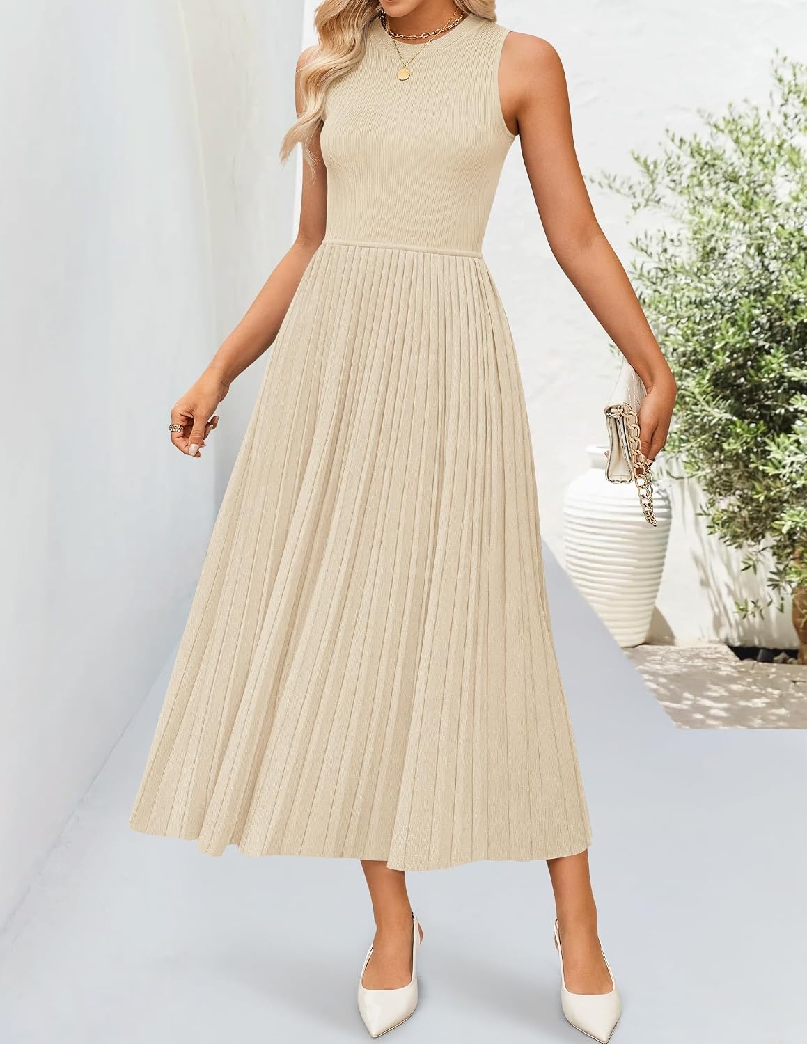 image:imageZESICA Womens Summer Sleeveless Sweater Dresses 2026 Crewneck Knit Pleated A Line Flowy Business Formal Party Midi DressApricot