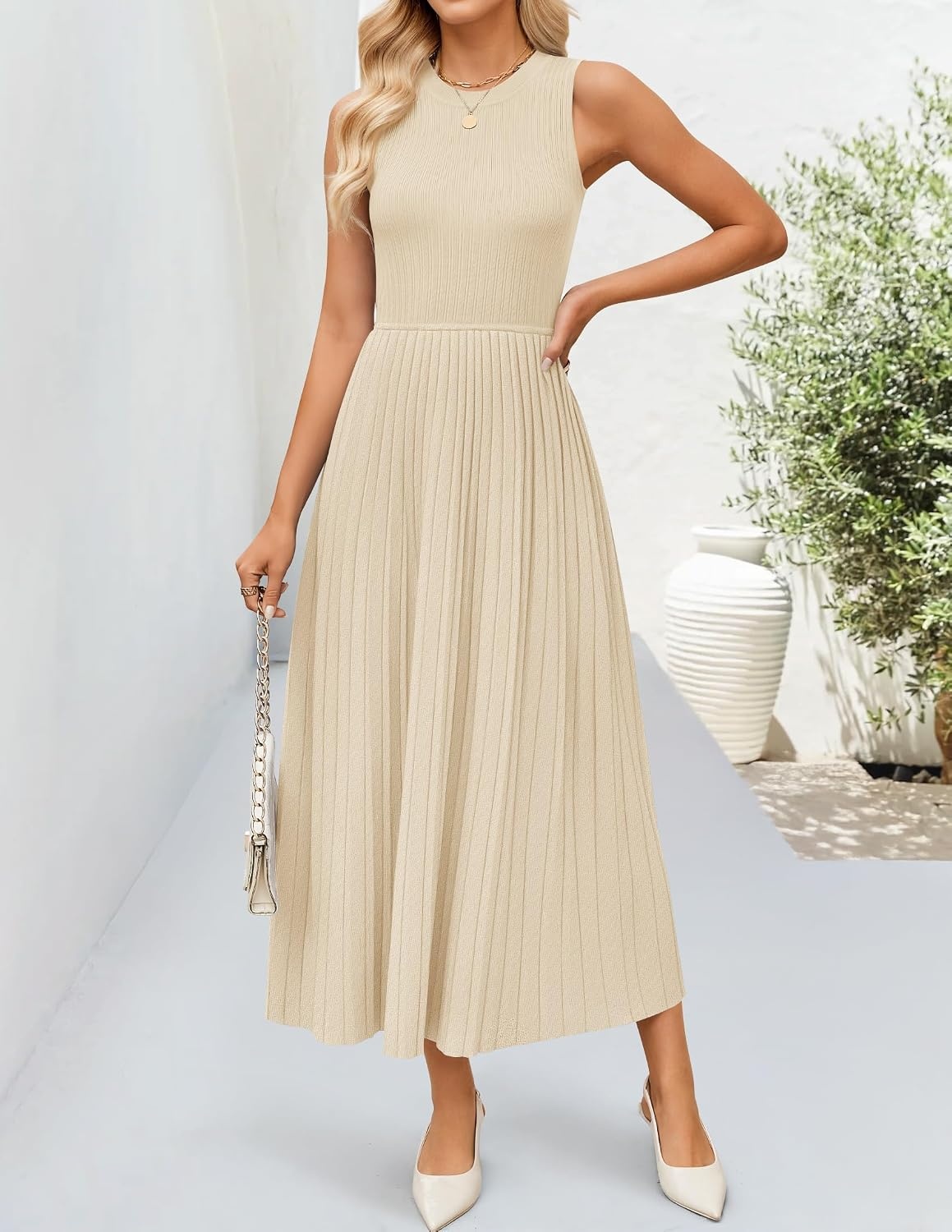image:imageZESICA Womens Summer Sleeveless Sweater Dresses 2026 Crewneck Knit Pleated A Line Flowy Business Formal Party Midi DressApricot