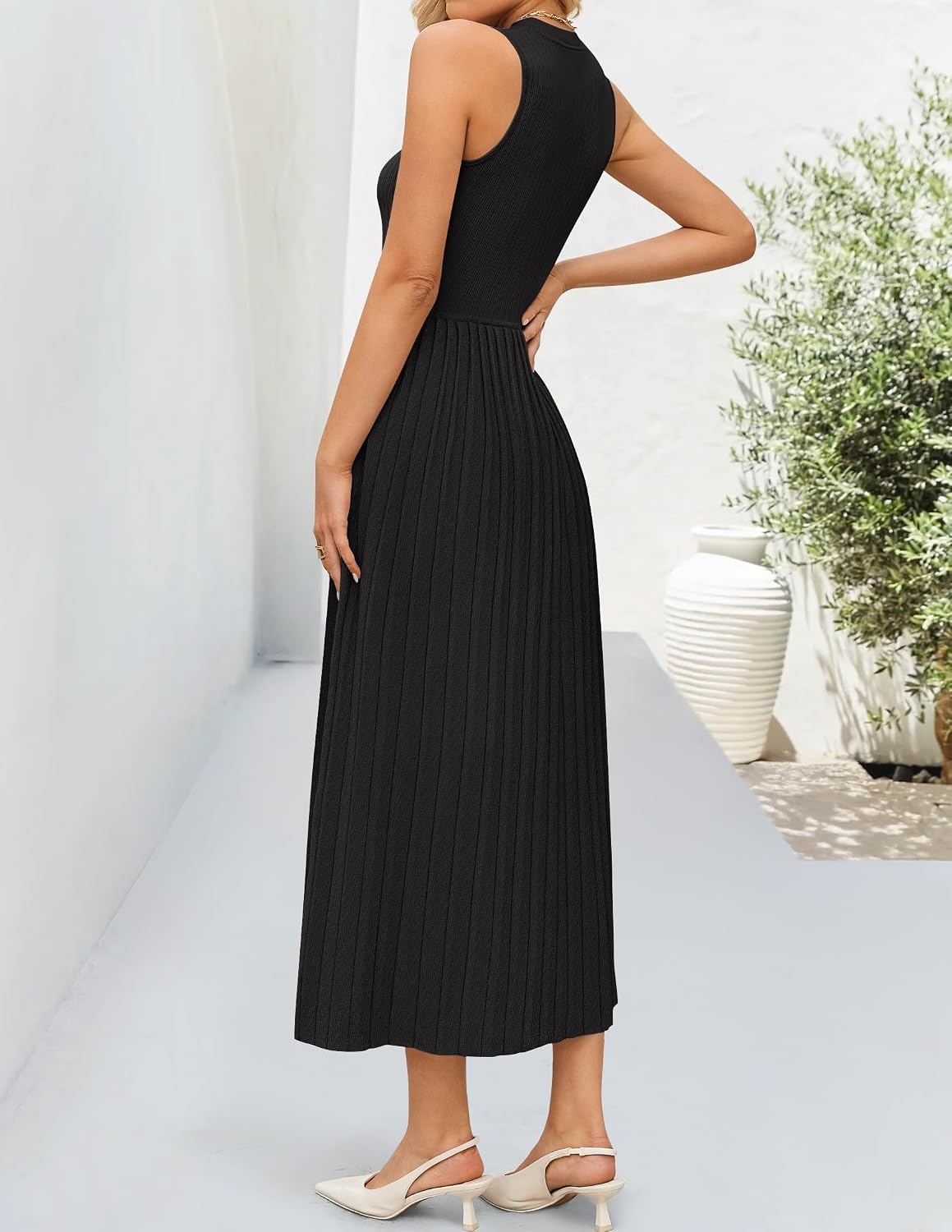 image:imageZESICA Womens Summer Sleeveless Sweater Dresses 2026 Crewneck Knit Pleated A Line Flowy Business Formal Party Midi DressBlack
