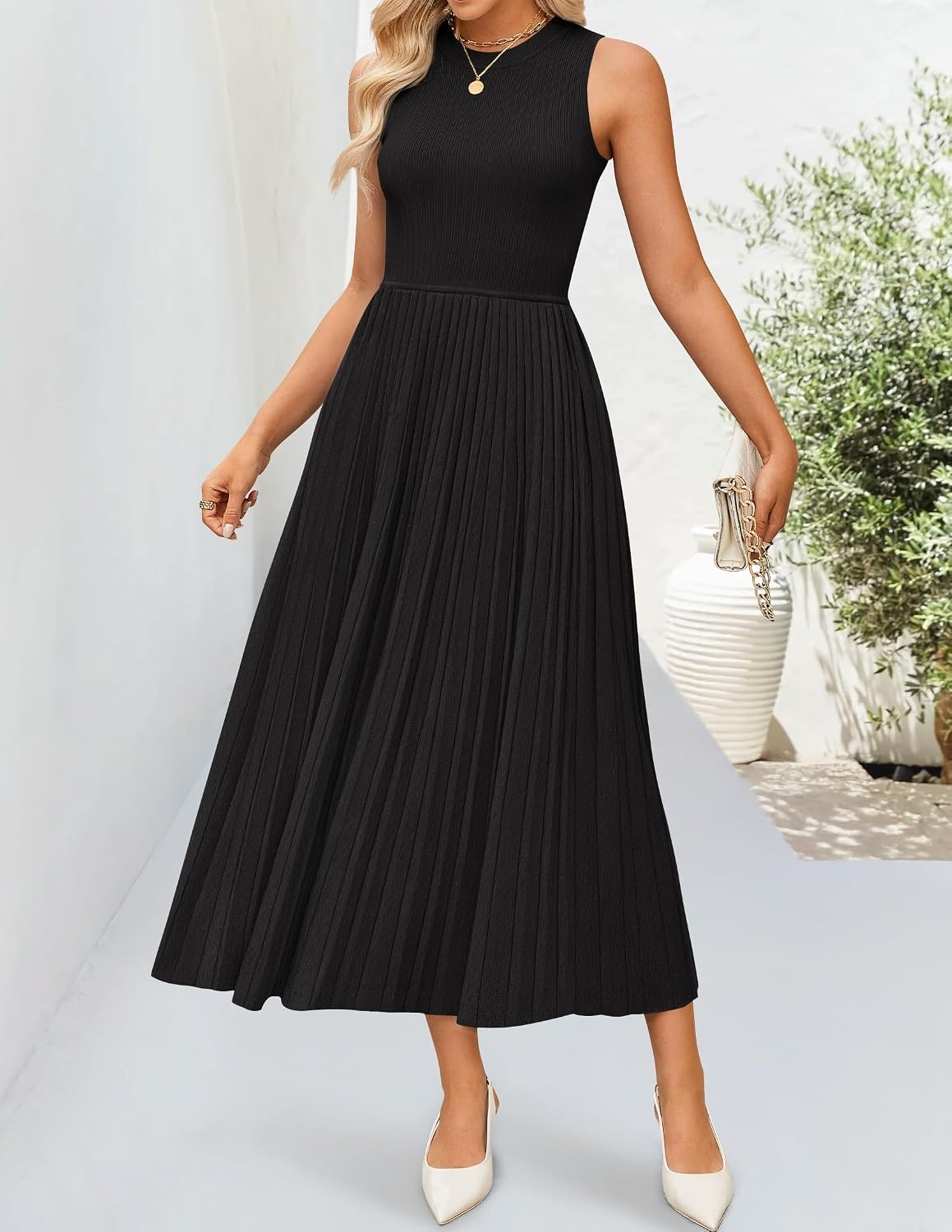 image:imageZESICA Womens Summer Sleeveless Sweater Dresses 2026 Crewneck Knit Pleated A Line Flowy Business Formal Party Midi DressBlack