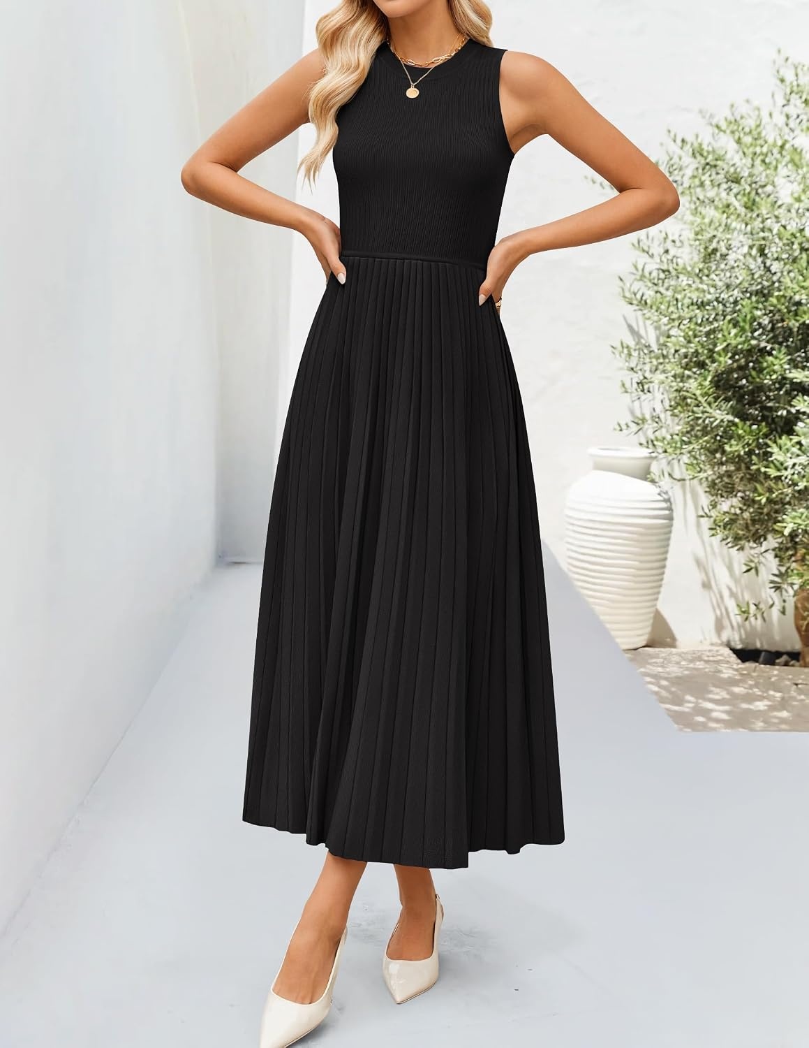 image:imageZESICA Womens Summer Sleeveless Sweater Dresses 2026 Crewneck Knit Pleated A Line Flowy Business Formal Party Midi DressBlack