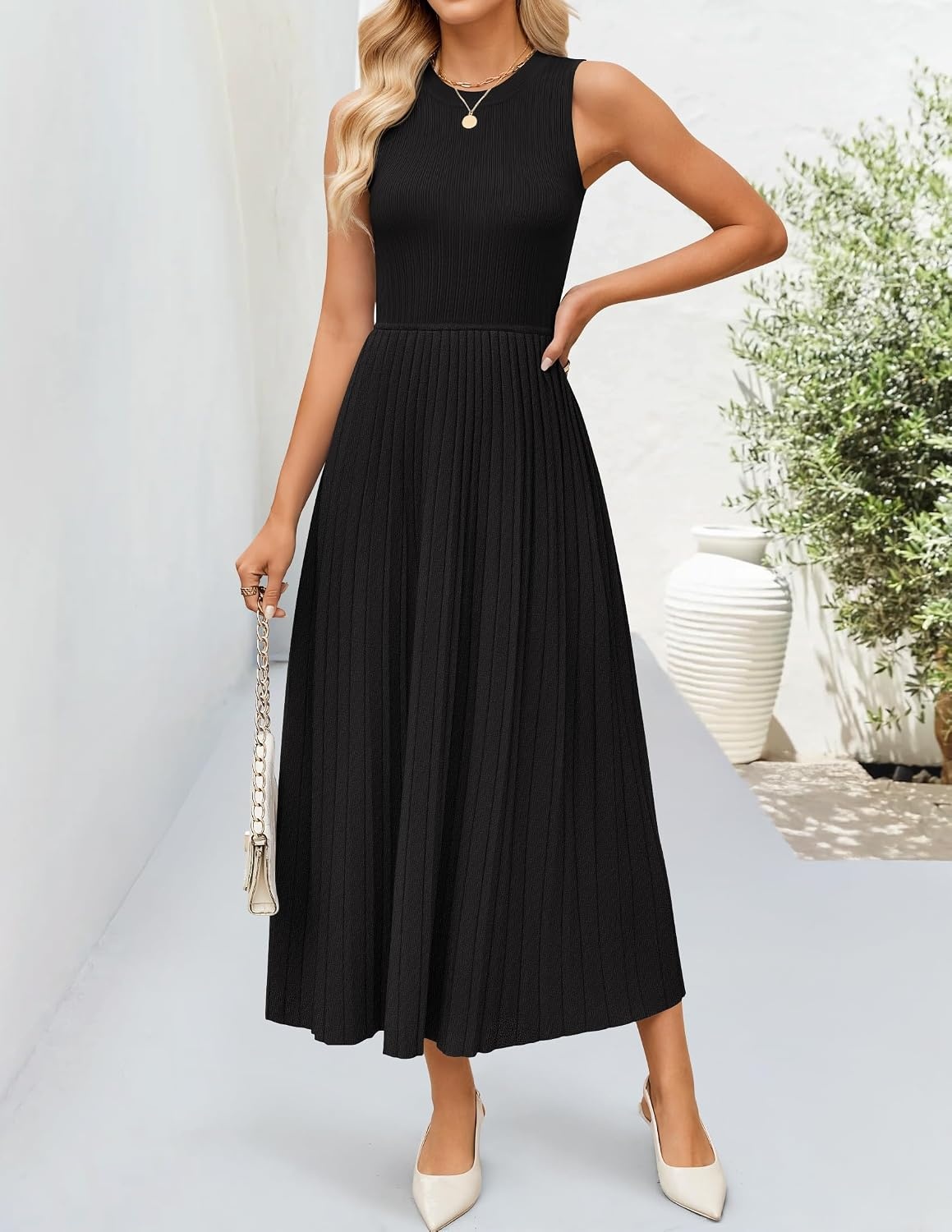 image:imageZESICA Womens Summer Sleeveless Sweater Dresses 2026 Crewneck Knit Pleated A Line Flowy Business Formal Party Midi DressBlack