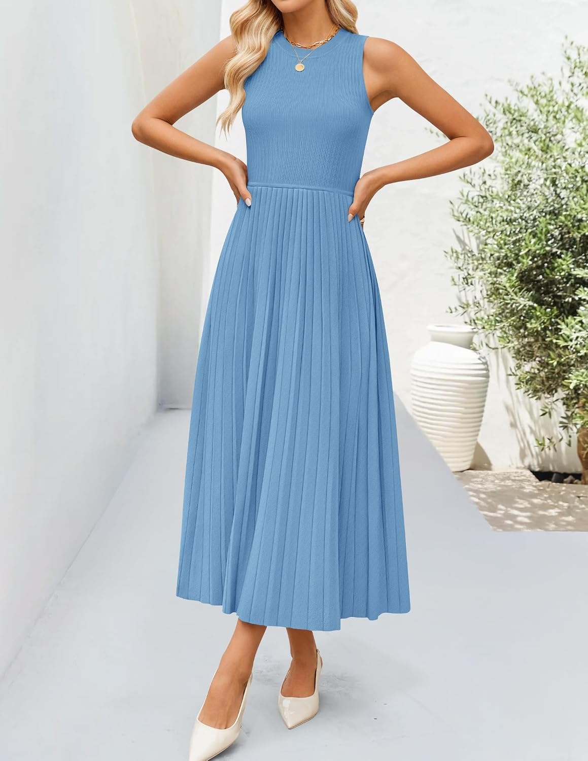 image:imageZESICA Womens Summer Sleeveless Sweater Dresses 2026 Crewneck Knit Pleated A Line Flowy Business Formal Party Midi DressDusty Blue