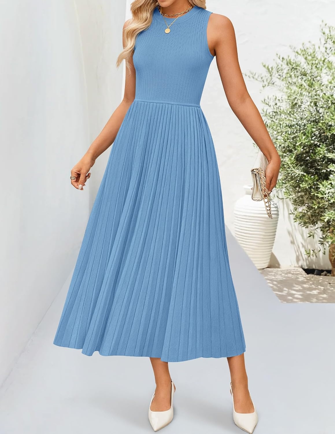 image:imageZESICA Womens Summer Sleeveless Sweater Dresses 2026 Crewneck Knit Pleated A Line Flowy Business Formal Party Midi DressDusty Blue
