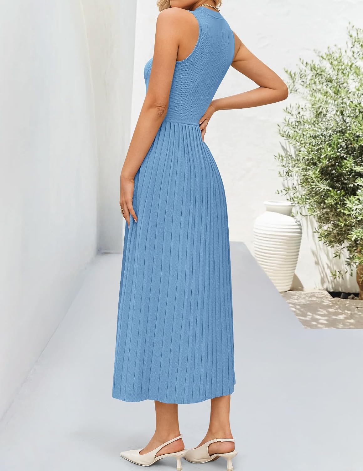 image:imageZESICA Womens Summer Sleeveless Sweater Dresses 2026 Crewneck Knit Pleated A Line Flowy Business Formal Party Midi DressDusty Blue