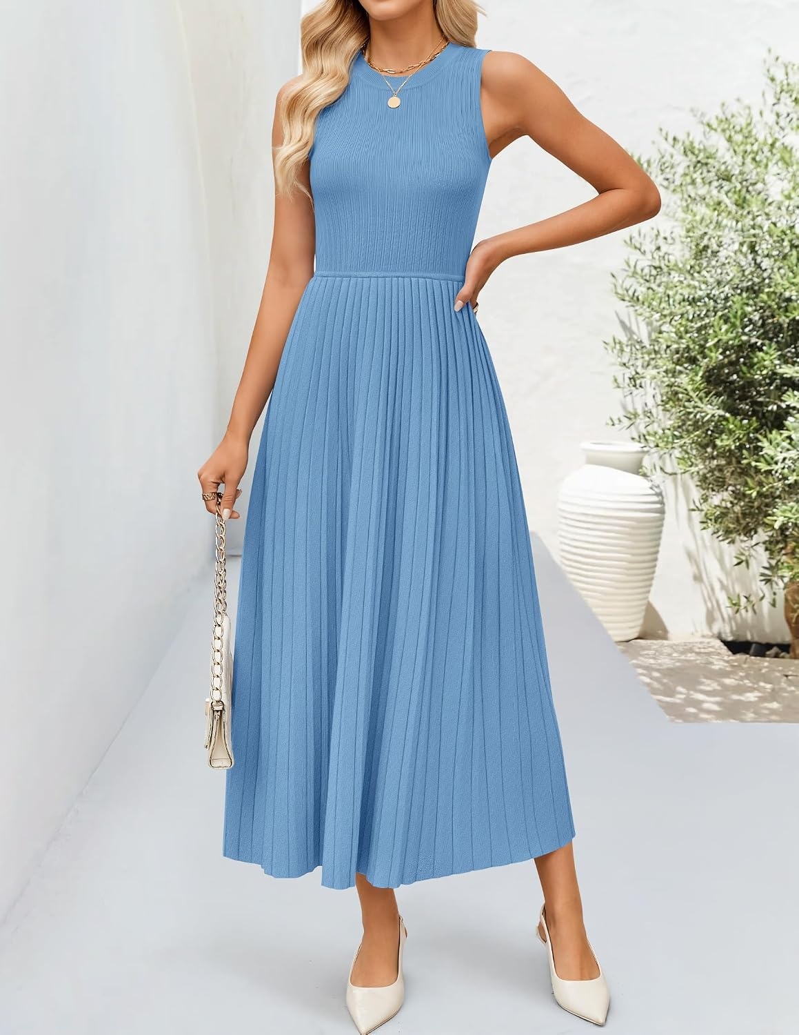 image:imageZESICA Womens Summer Sleeveless Sweater Dresses 2026 Crewneck Knit Pleated A Line Flowy Business Formal Party Midi DressDusty Blue