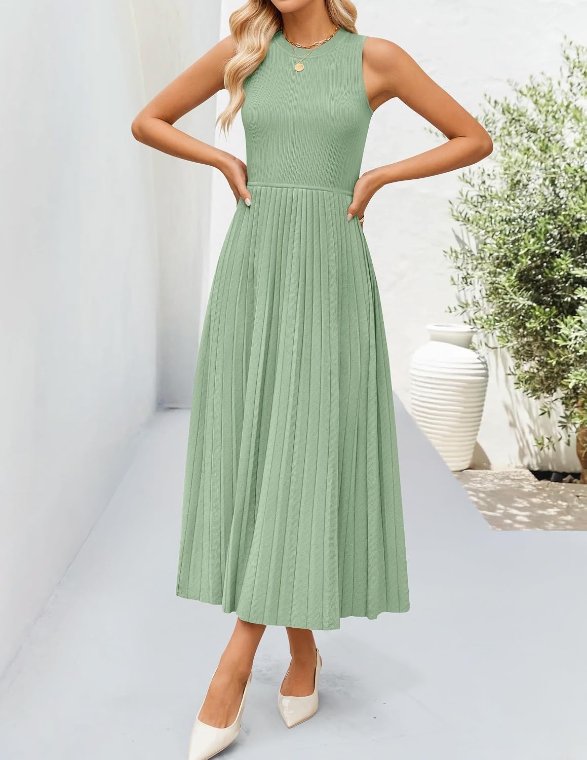 image:imageZESICA Womens Summer Sleeveless Sweater Dresses 2026 Crewneck Knit Pleated A Line Flowy Business Formal Party Midi DressGreen