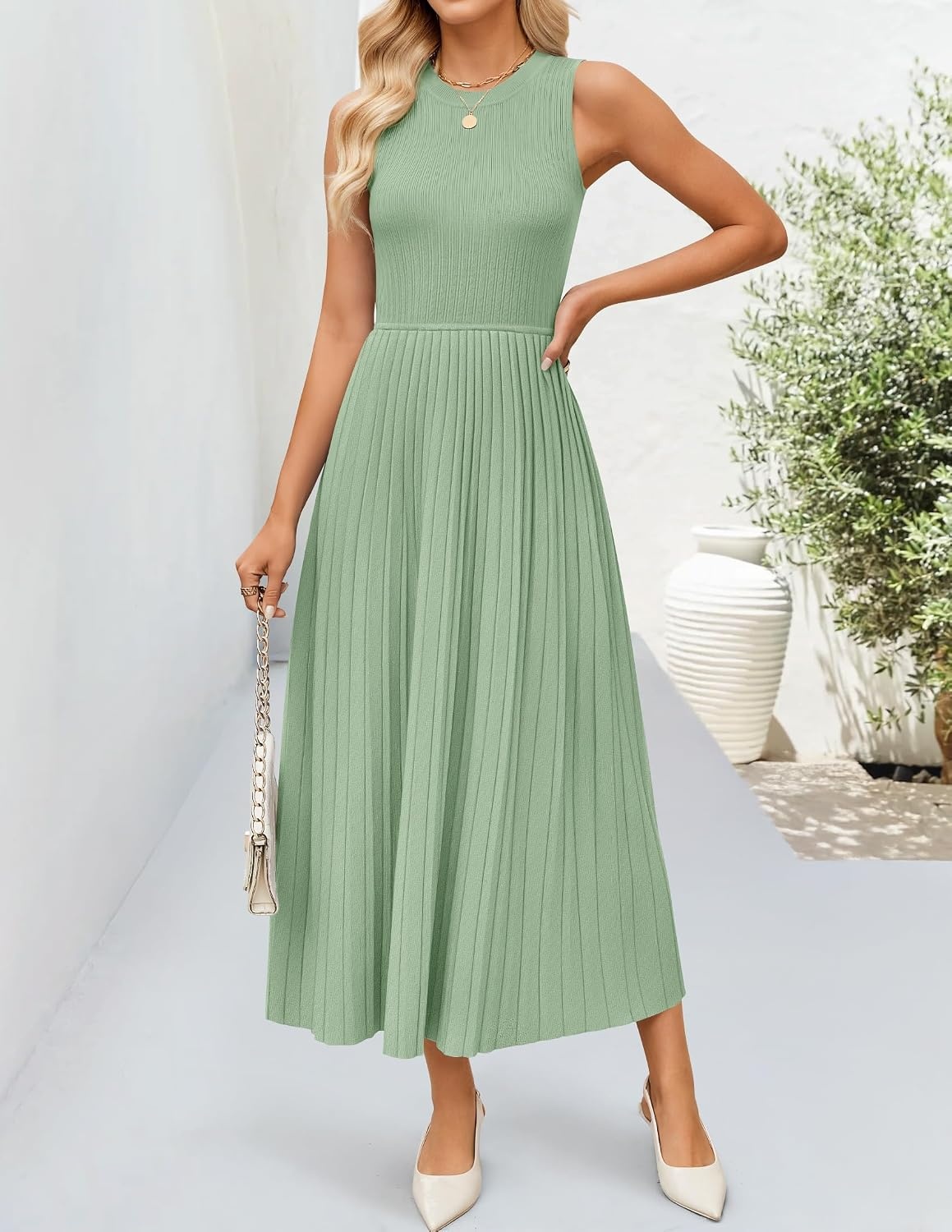 image:imageZESICA Womens Summer Sleeveless Sweater Dresses 2026 Crewneck Knit Pleated A Line Flowy Business Formal Party Midi DressGreen