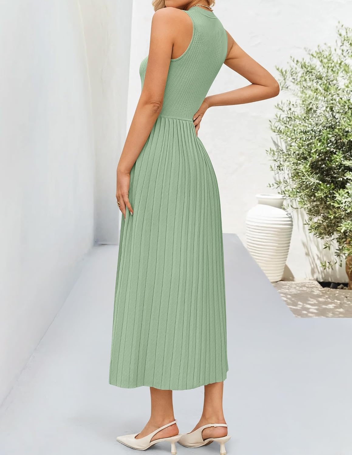 image:imageZESICA Womens Summer Sleeveless Sweater Dresses 2026 Crewneck Knit Pleated A Line Flowy Business Formal Party Midi DressGreen