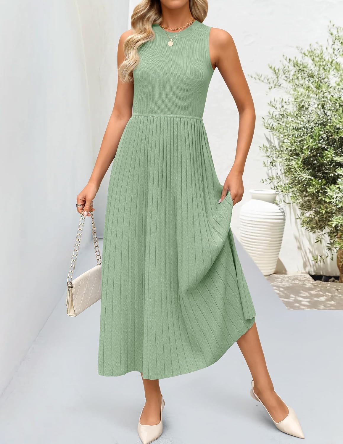 image:imageZESICA Womens Summer Sleeveless Sweater Dresses 2026 Crewneck Knit Pleated A Line Flowy Business Formal Party Midi DressGreen