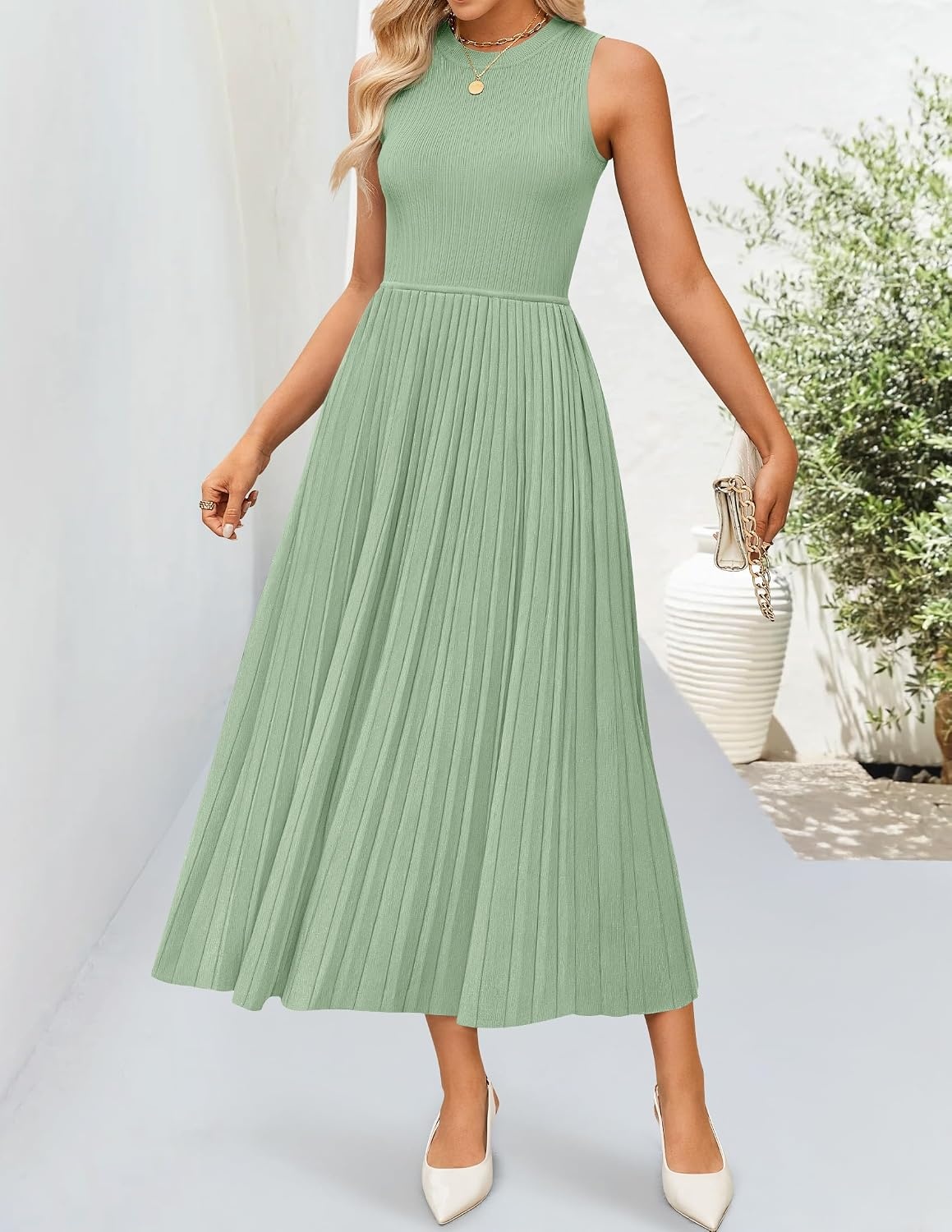 image:imageZESICA Womens Summer Sleeveless Sweater Dresses 2026 Crewneck Knit Pleated A Line Flowy Business Formal Party Midi DressGreen