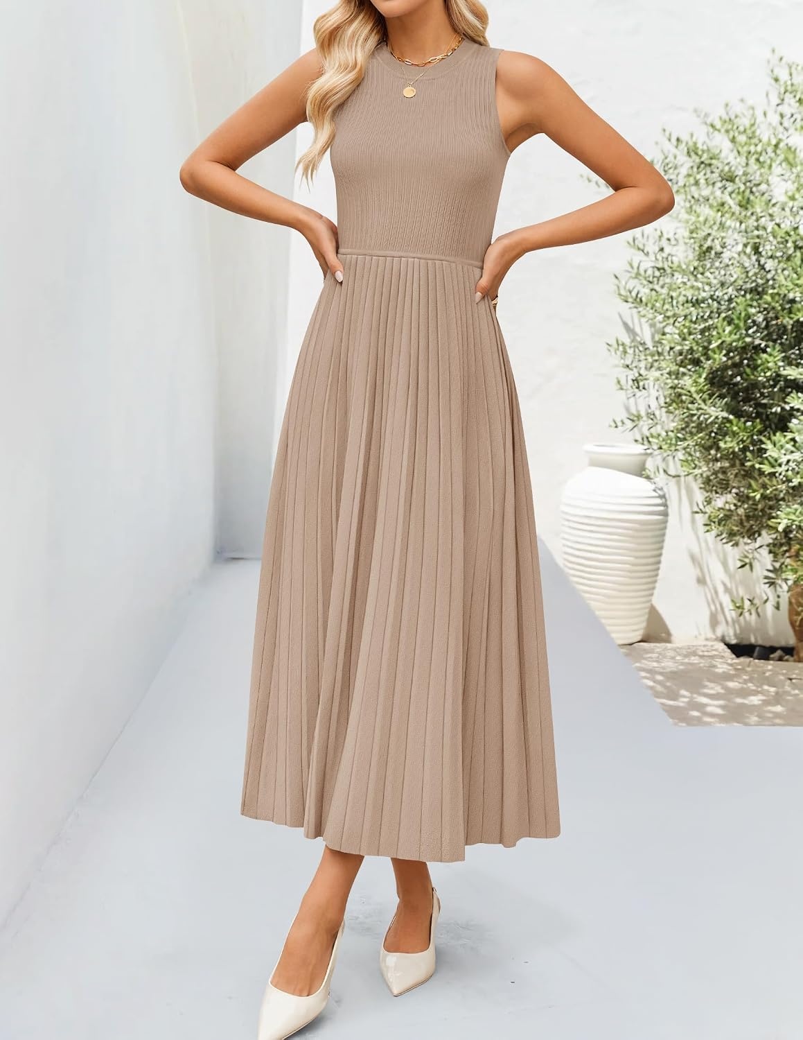 image:imageZESICA Womens Summer Sleeveless Sweater Dresses 2026 Crewneck Knit Pleated A Line Flowy Business Formal Party Midi DressKhaki