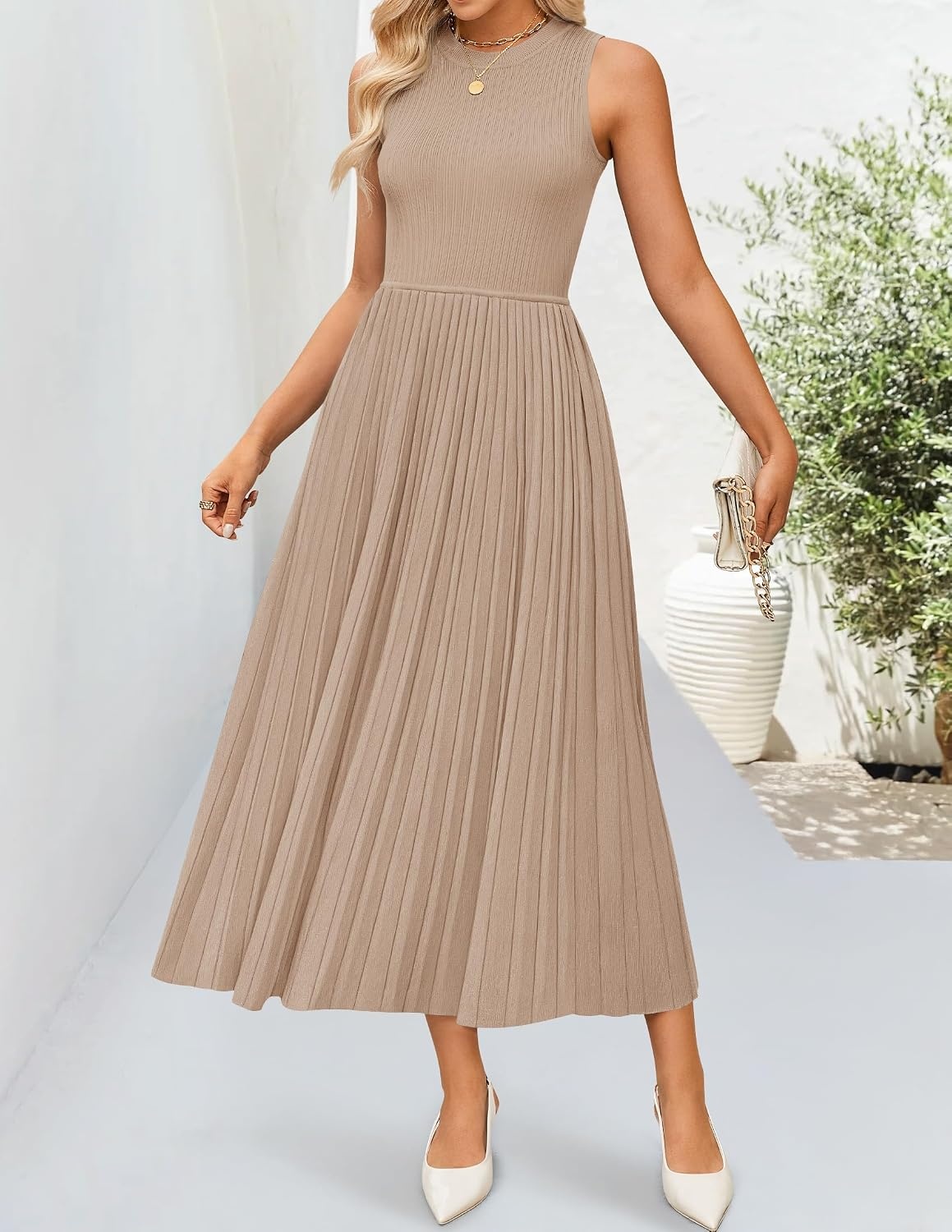image:imageZESICA Womens Summer Sleeveless Sweater Dresses 2026 Crewneck Knit Pleated A Line Flowy Business Formal Party Midi DressKhaki