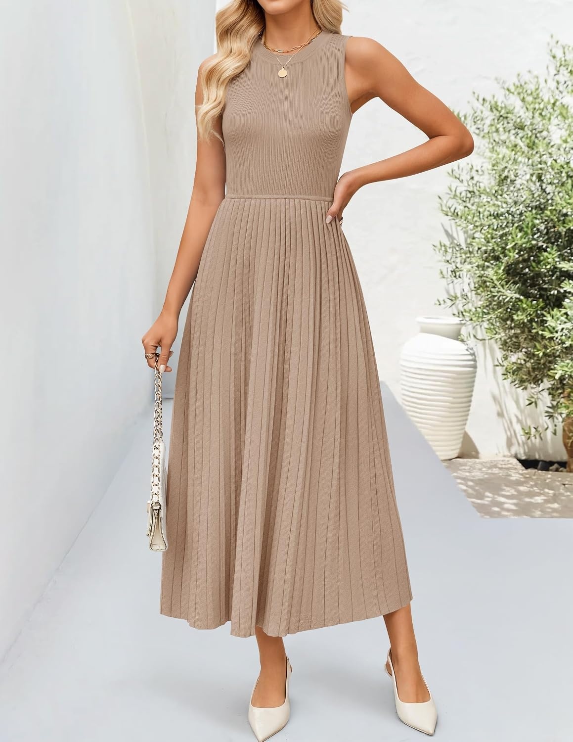 image:imageZESICA Womens Summer Sleeveless Sweater Dresses 2026 Crewneck Knit Pleated A Line Flowy Business Formal Party Midi DressKhaki