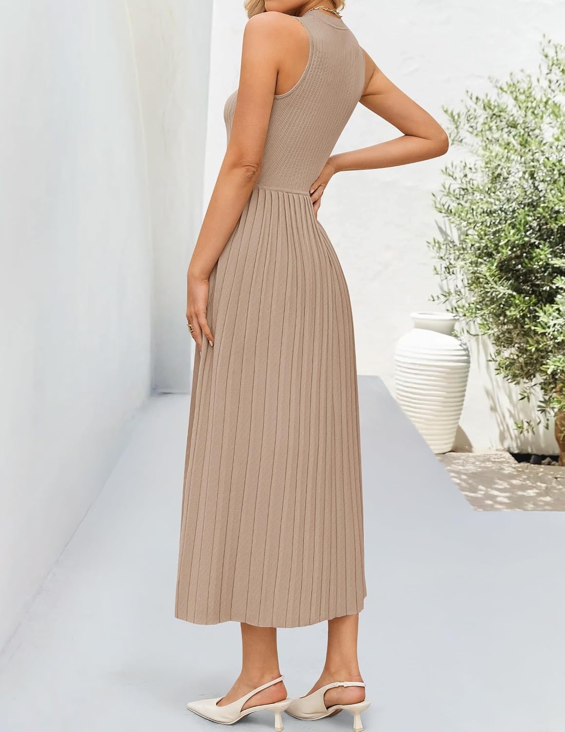 image:imageZESICA Womens Summer Sleeveless Sweater Dresses 2026 Crewneck Knit Pleated A Line Flowy Business Formal Party Midi DressKhaki