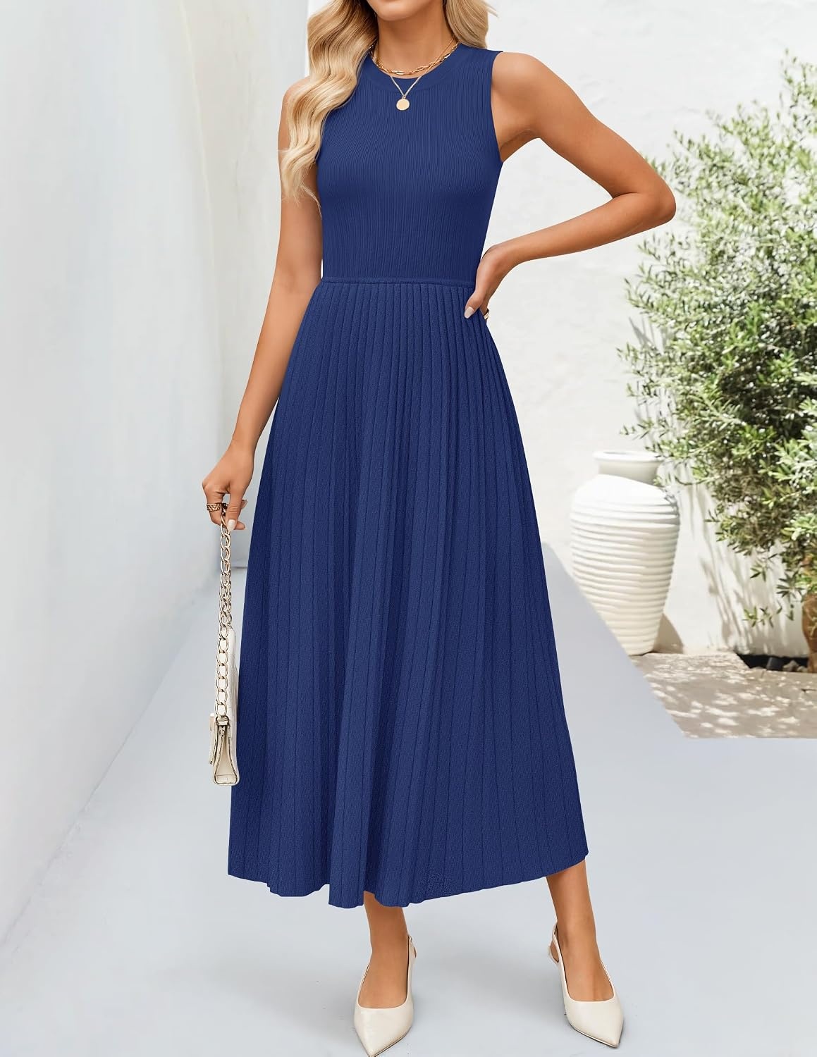 image:imageZESICA Womens Summer Sleeveless Sweater Dresses 2026 Crewneck Knit Pleated A Line Flowy Business Formal Party Midi DressNavy