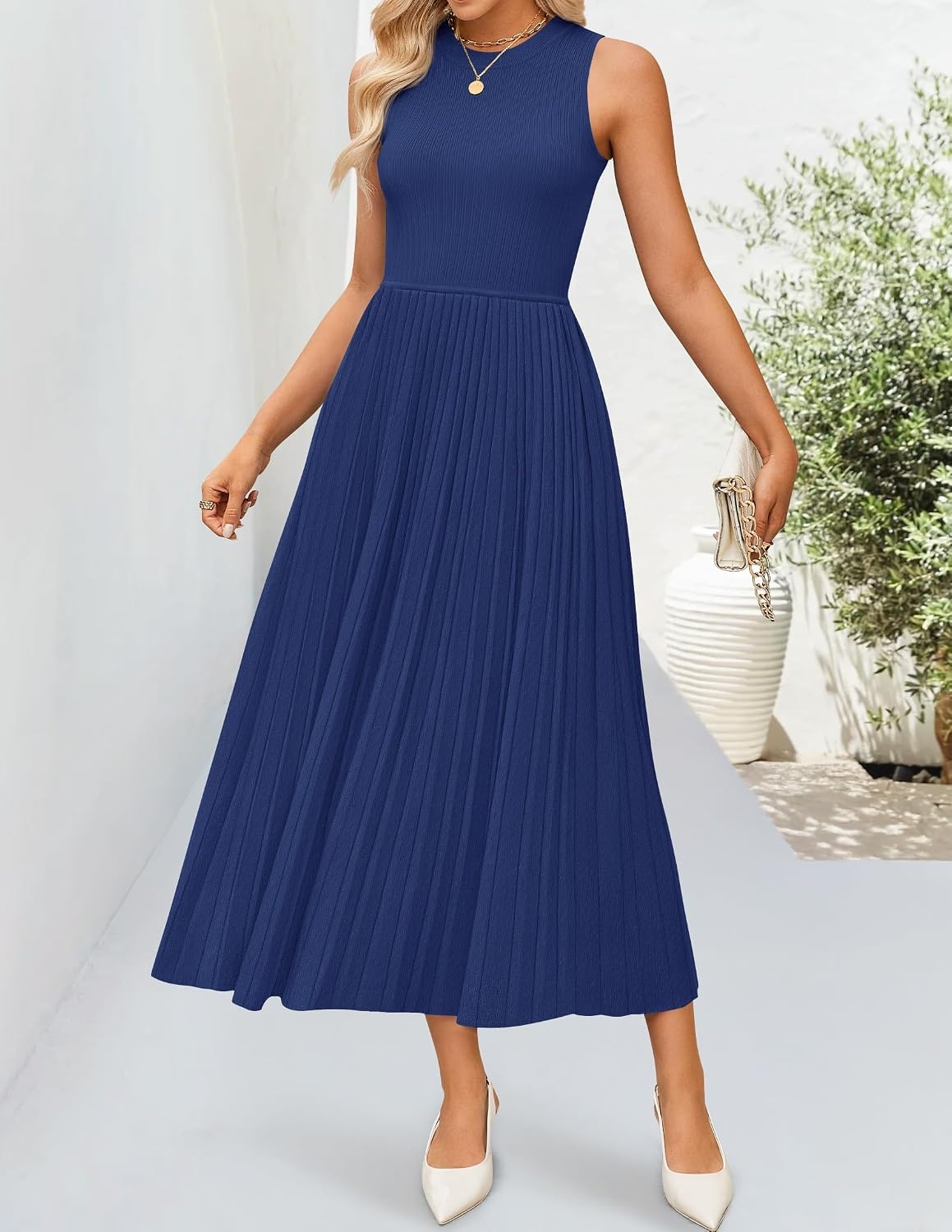 image:imageZESICA Womens Summer Sleeveless Sweater Dresses 2026 Crewneck Knit Pleated A Line Flowy Business Formal Party Midi DressNavy
