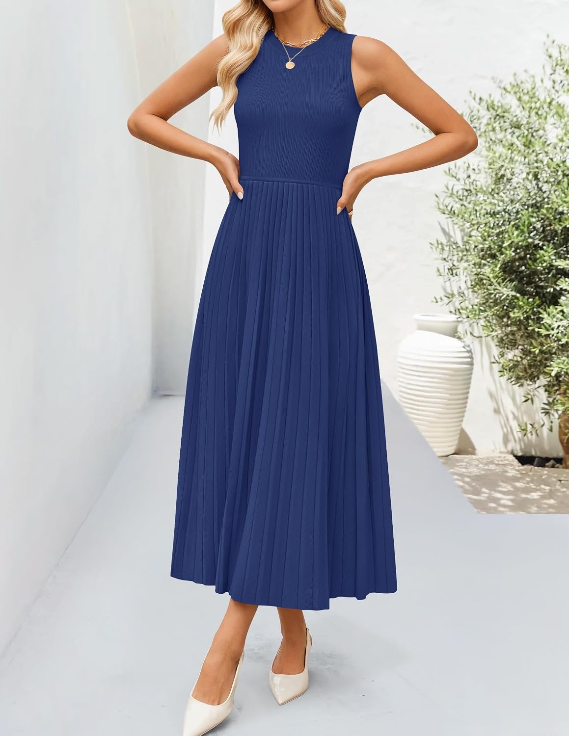 image:imageZESICA Womens Summer Sleeveless Sweater Dresses 2026 Crewneck Knit Pleated A Line Flowy Business Formal Party Midi DressNavy