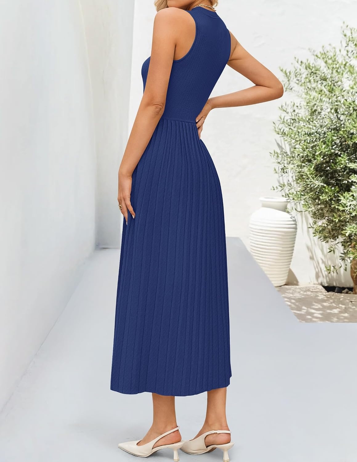 image:imageZESICA Womens Summer Sleeveless Sweater Dresses 2026 Crewneck Knit Pleated A Line Flowy Business Formal Party Midi DressNavy