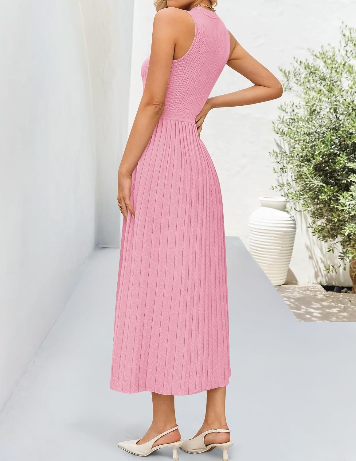 image:imageZESICA Womens Summer Sleeveless Sweater Dresses 2026 Crewneck Knit Pleated A Line Flowy Business Formal Party Midi DressPink
