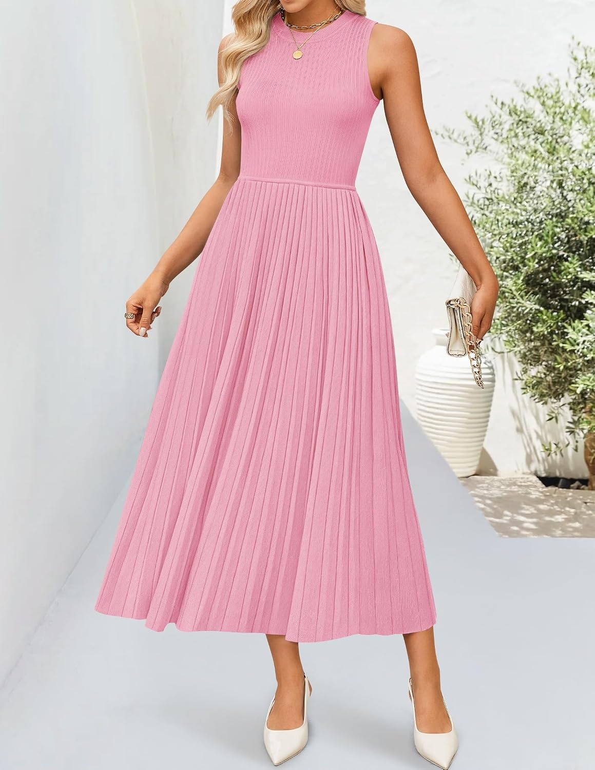 image:imageZESICA Womens Summer Sleeveless Sweater Dresses 2026 Crewneck Knit Pleated A Line Flowy Business Formal Party Midi DressPink