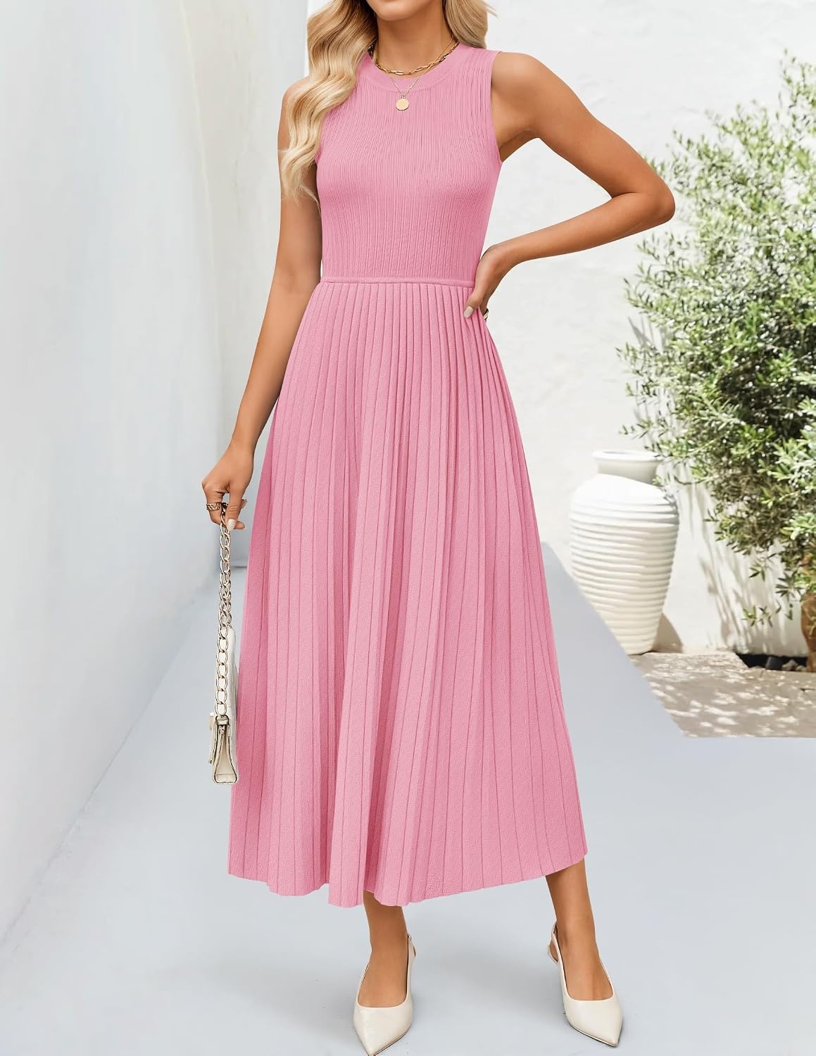 image:imageZESICA Womens Summer Sleeveless Sweater Dresses 2026 Crewneck Knit Pleated A Line Flowy Business Formal Party Midi DressPink