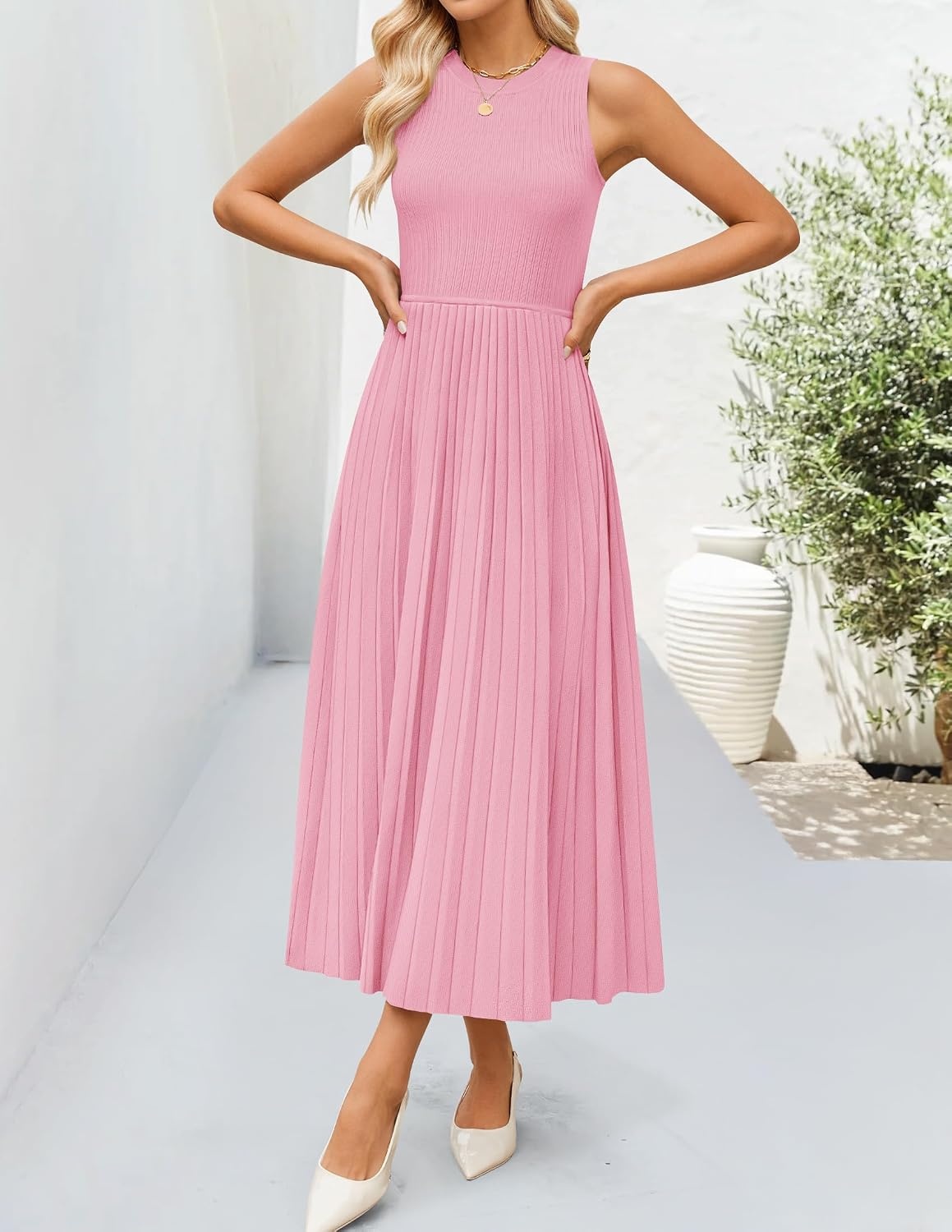 image:imageZESICA Womens Summer Sleeveless Sweater Dresses 2026 Crewneck Knit Pleated A Line Flowy Business Formal Party Midi DressPink