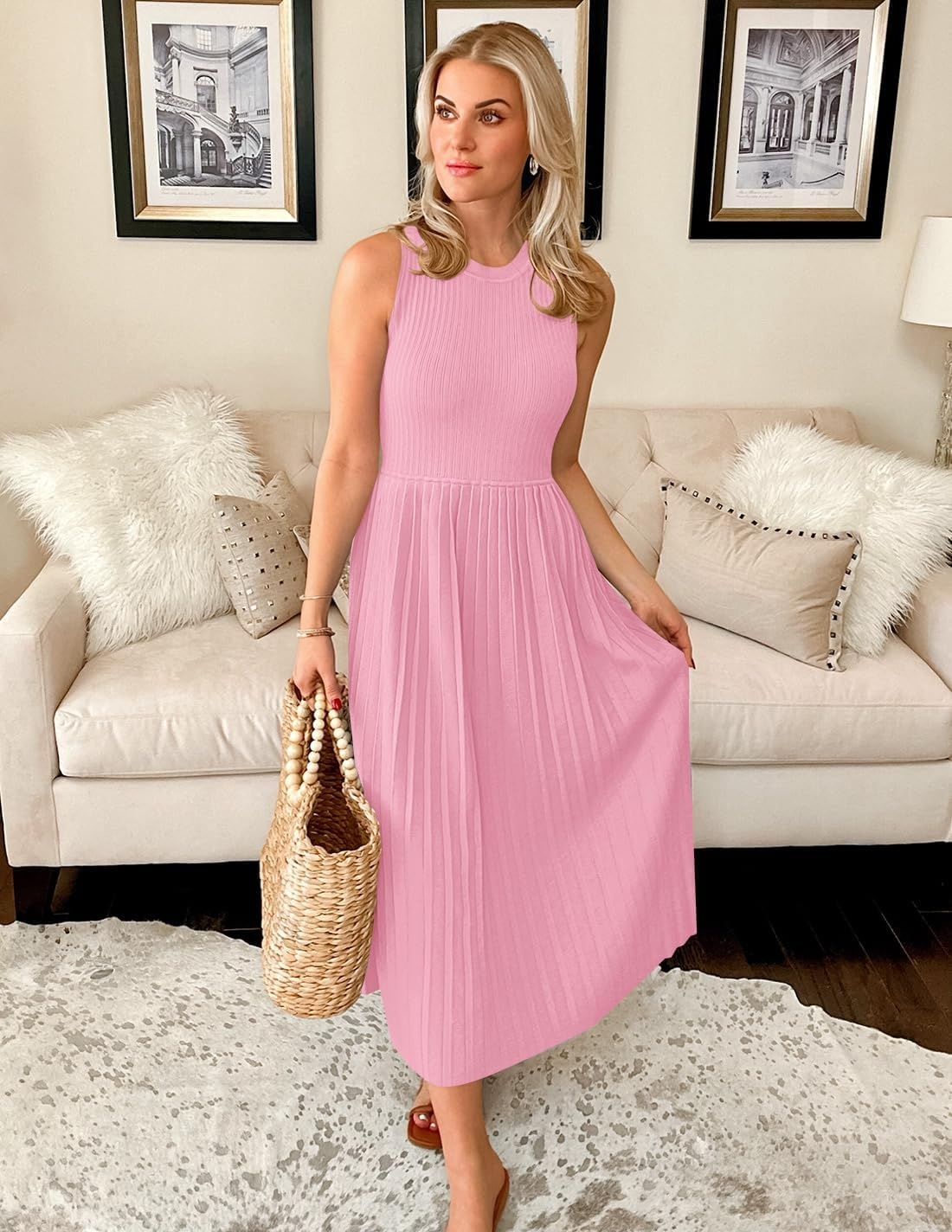 image:imageZESICA Womens Summer Sleeveless Sweater Dresses 2026 Crewneck Knit Pleated A Line Flowy Business Formal Party Midi DressPink