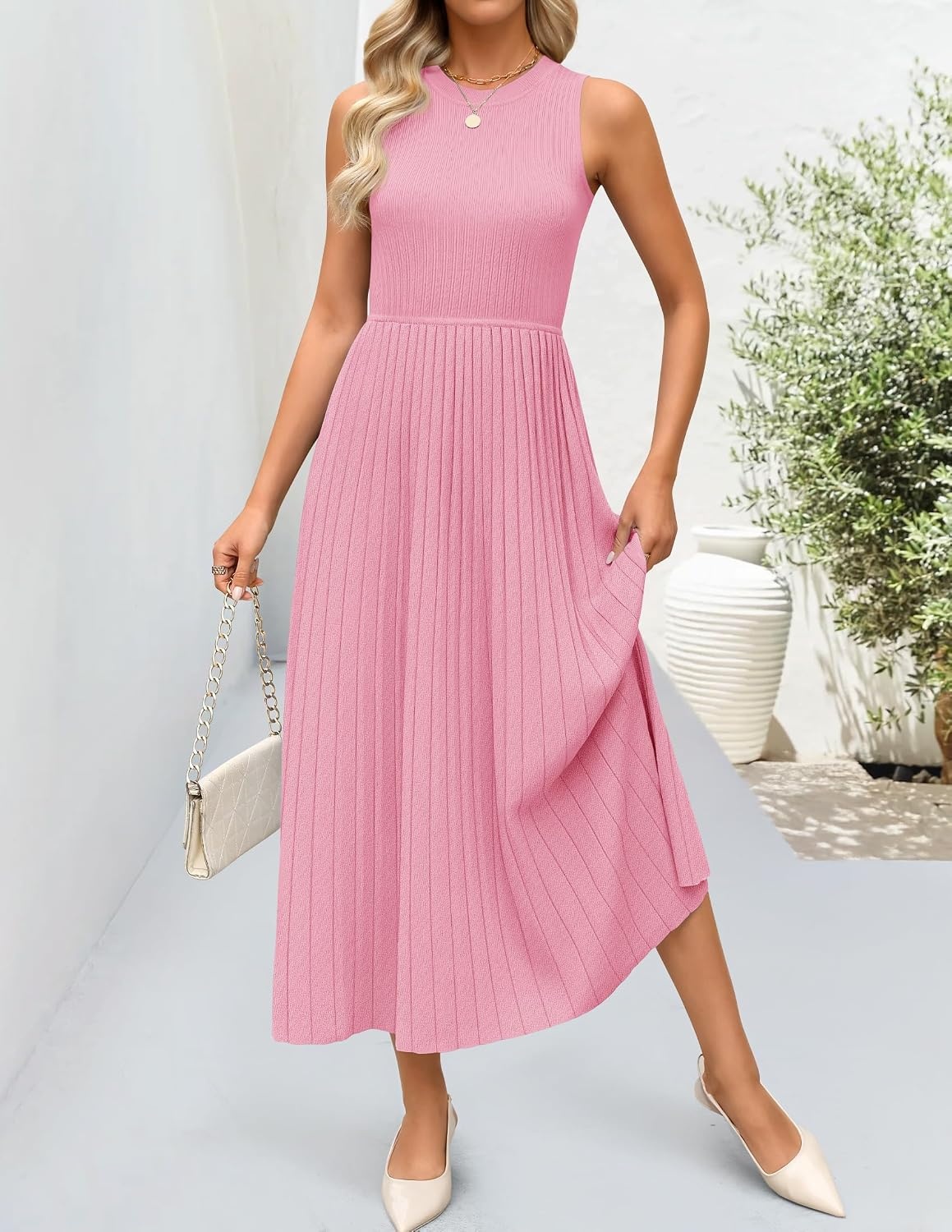 image:imageZESICA Womens Summer Sleeveless Sweater Dresses 2026 Crewneck Knit Pleated A Line Flowy Business Formal Party Midi DressPink
