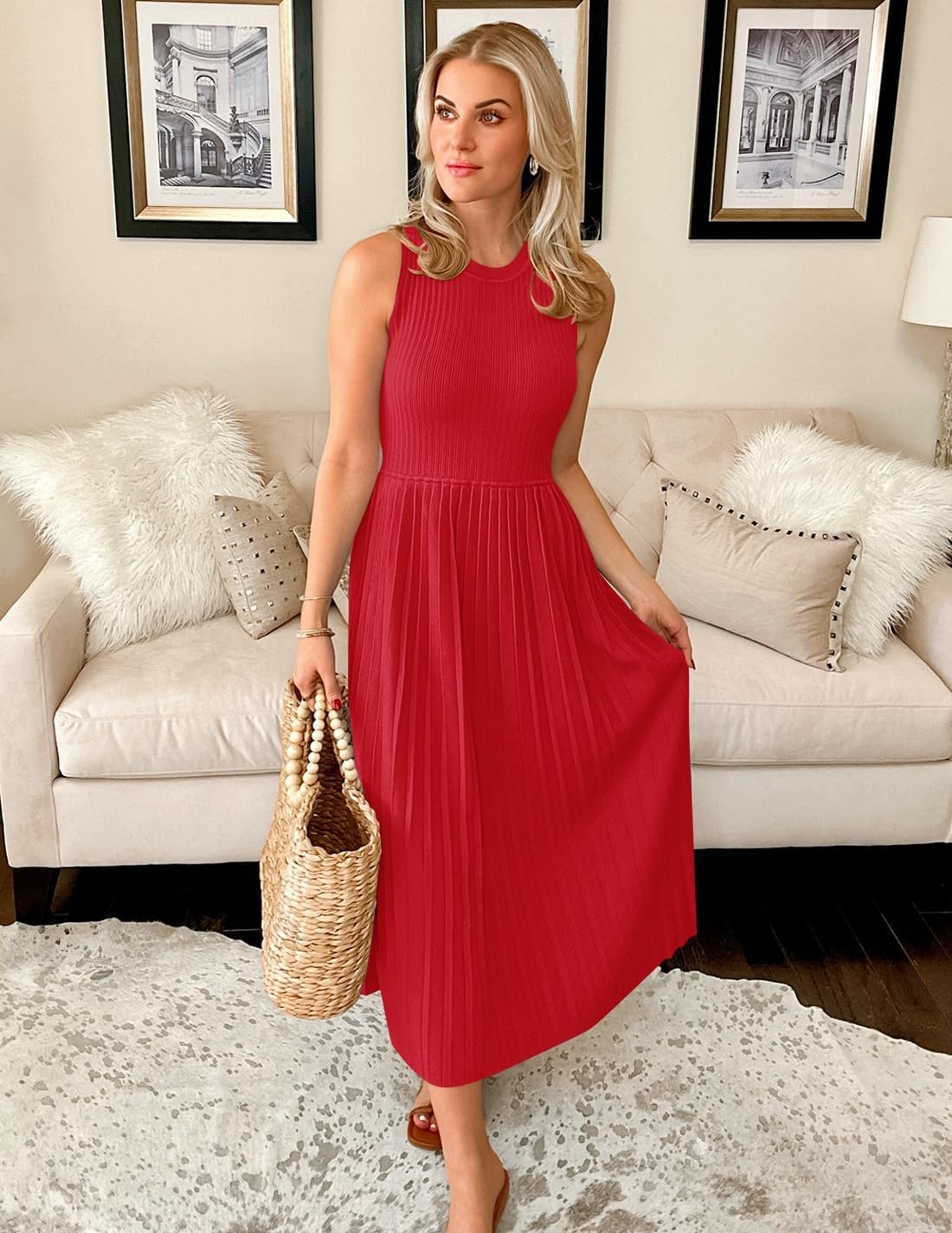 image:imageZESICA Womens Summer Sleeveless Sweater Dresses 2026 Crewneck Knit Pleated A Line Flowy Business Formal Party Midi DressRed