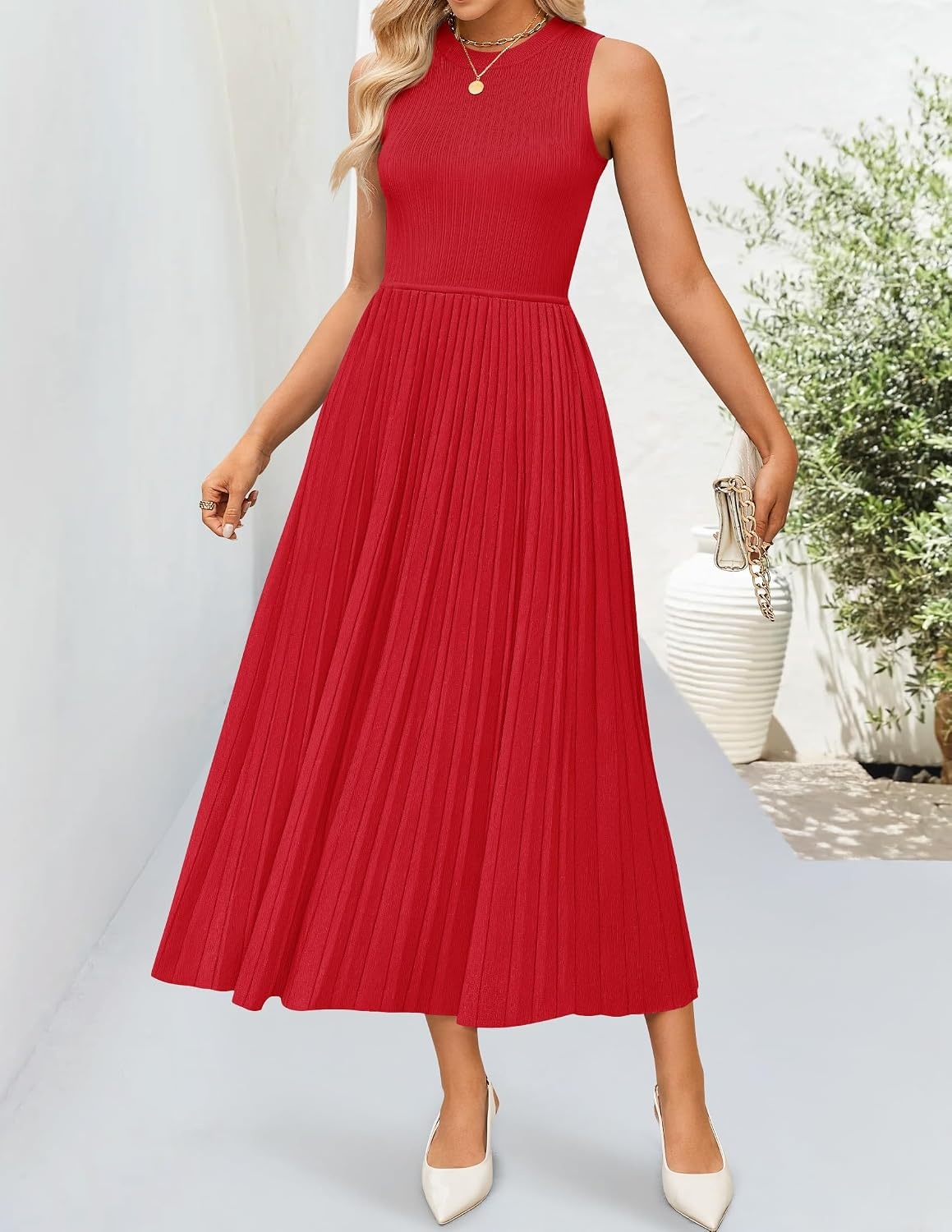 image:imageZESICA Womens Summer Sleeveless Sweater Dresses 2026 Crewneck Knit Pleated A Line Flowy Business Formal Party Midi DressRed