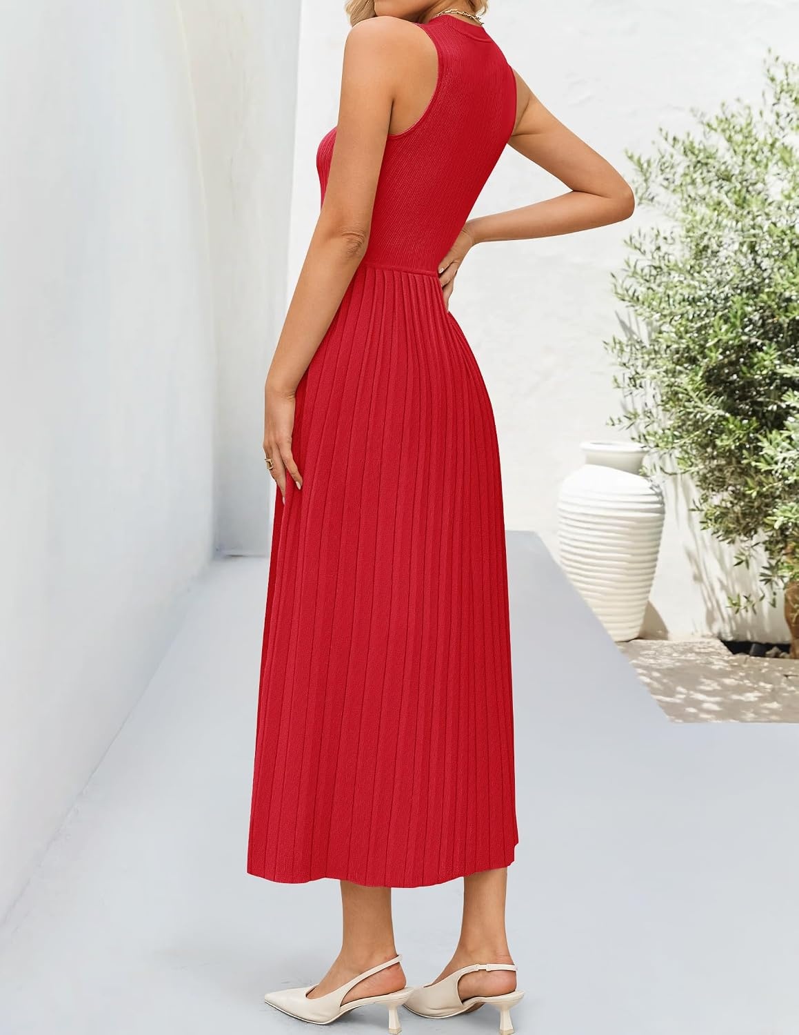 image:imageZESICA Womens Summer Sleeveless Sweater Dresses 2026 Crewneck Knit Pleated A Line Flowy Business Formal Party Midi DressRed