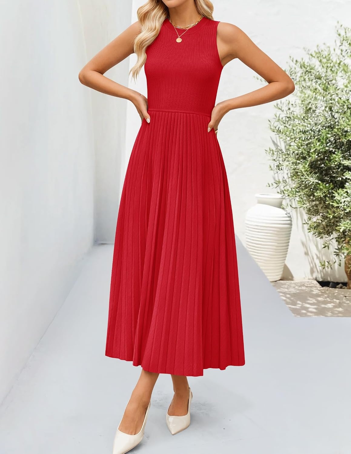 image:imageZESICA Womens Summer Sleeveless Sweater Dresses 2026 Crewneck Knit Pleated A Line Flowy Business Formal Party Midi DressRed
