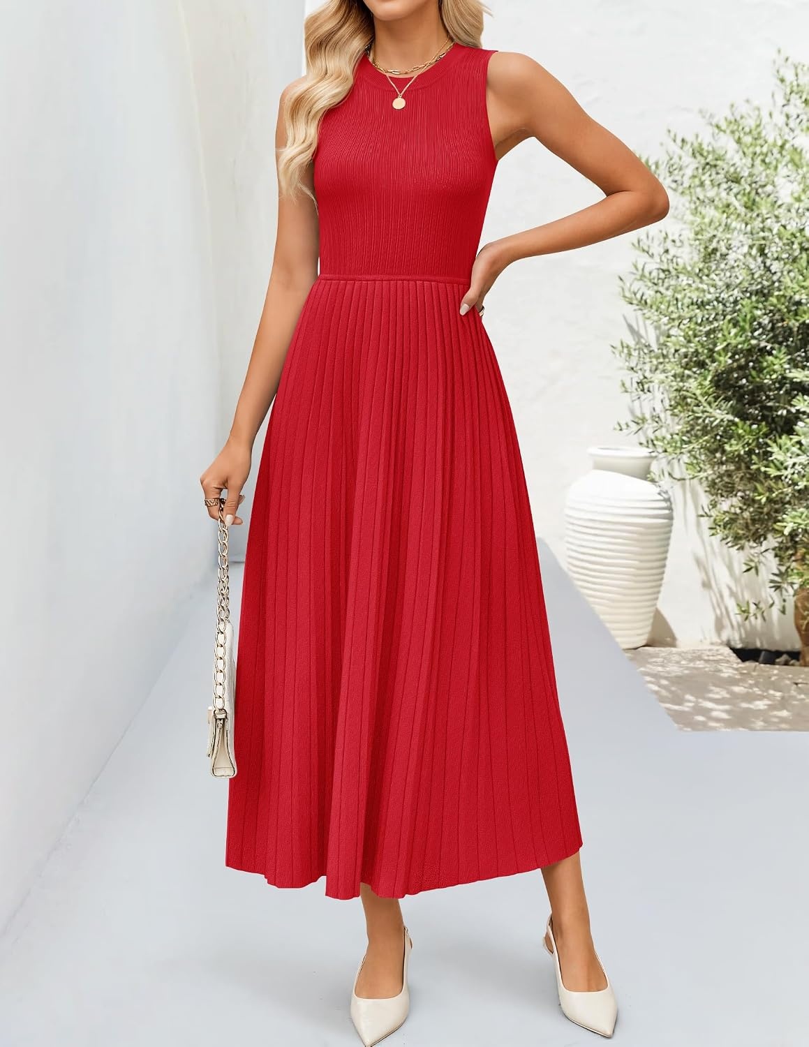 image:imageZESICA Womens Summer Sleeveless Sweater Dresses 2026 Crewneck Knit Pleated A Line Flowy Business Formal Party Midi DressRed