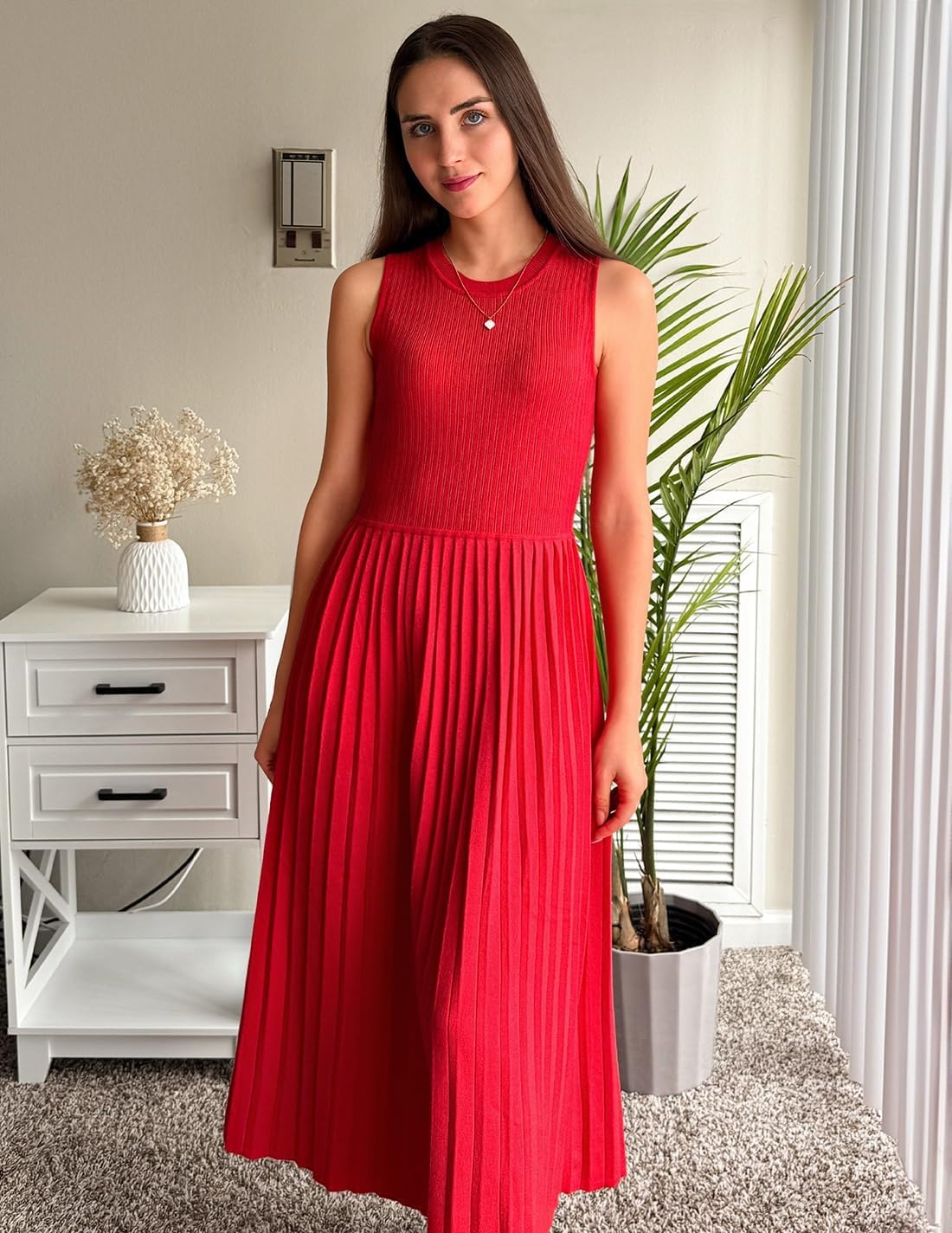 image:imageZESICA Womens Summer Sleeveless Sweater Dresses 2026 Crewneck Knit Pleated A Line Flowy Business Formal Party Midi DressRed