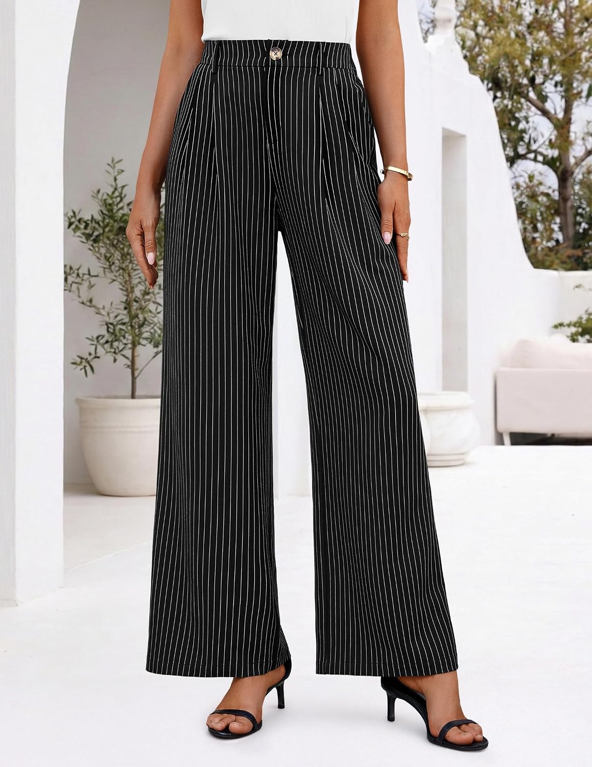 image:imageZESICA Womens Wide Leg Striped Palazzo Pants 2026 High Waist Straight Business Work Dressy Slacks Trousers with PocketsBlack