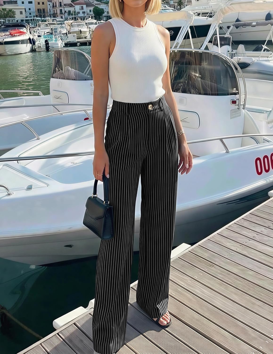 image:imageZESICA Womens Wide Leg Striped Palazzo Pants 2026 High Waist Straight Business Work Dressy Slacks Trousers with PocketsBlack