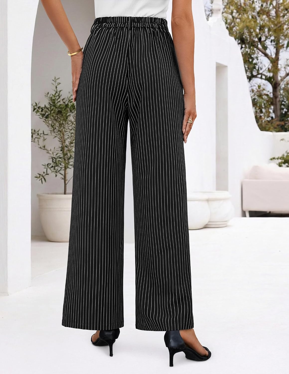 image:imageZESICA Womens Wide Leg Striped Palazzo Pants 2026 High Waist Straight Business Work Dressy Slacks Trousers with PocketsBlack