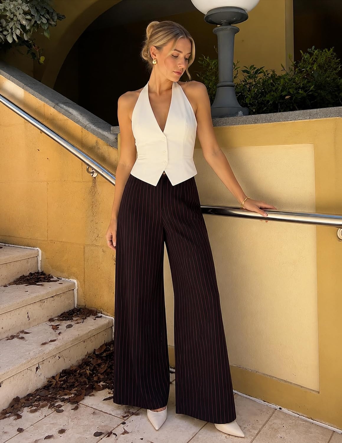 image:imageZESICA Womens Wide Leg Striped Palazzo Pants 2026 High Waist Straight Business Work Dressy Slacks Trousers with PocketsBlackred