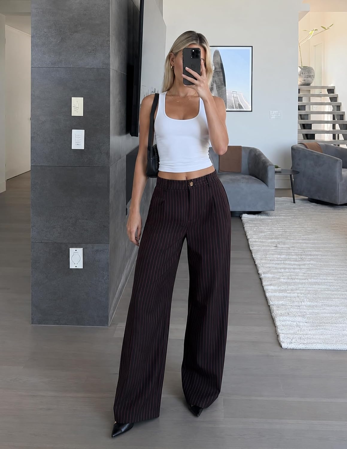 image:imageZESICA Womens Wide Leg Striped Palazzo Pants 2026 High Waist Straight Business Work Dressy Slacks Trousers with PocketsBlackred