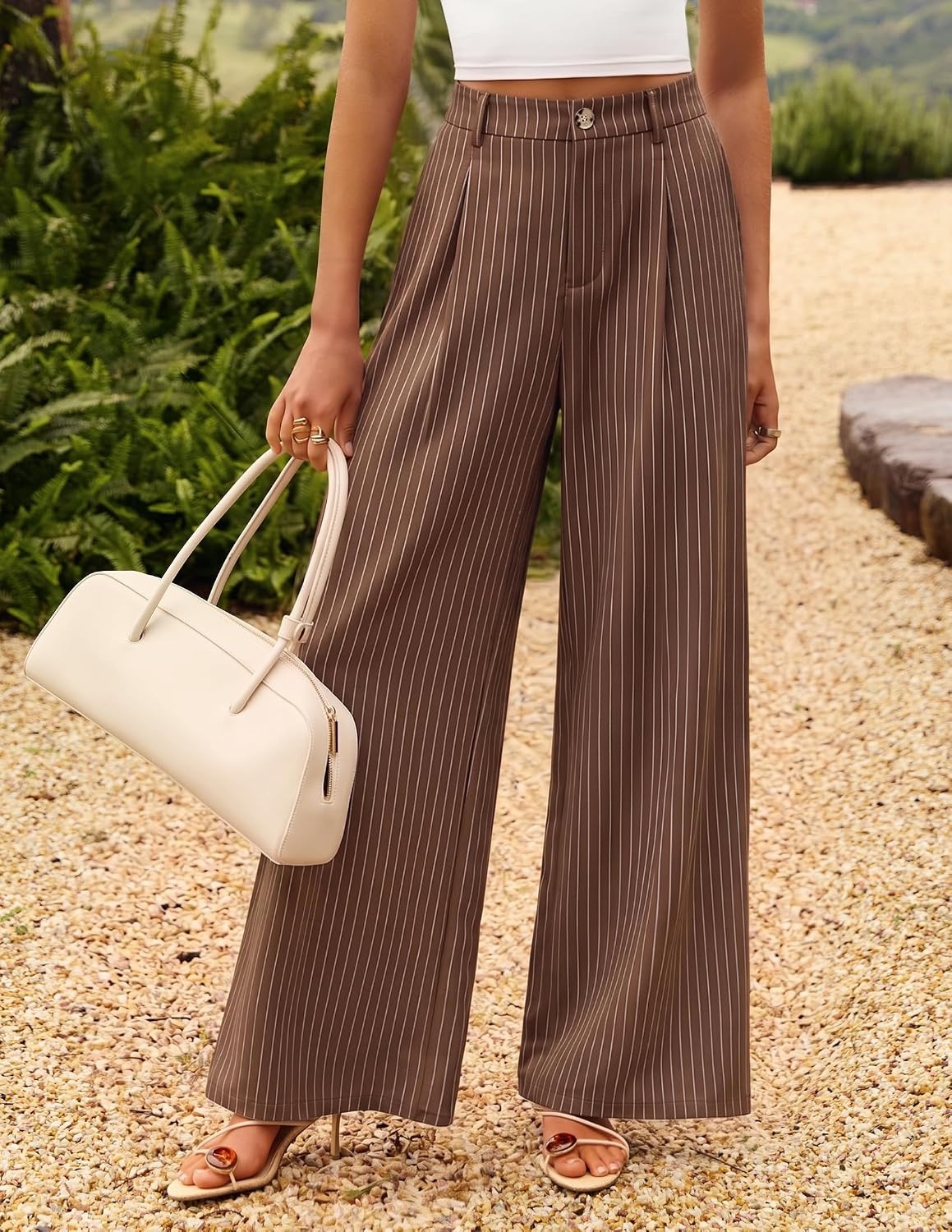 image:imageZESICA Womens Wide Leg Striped Palazzo Pants 2026 High Waist Straight Business Work Dressy Slacks Trousers with PocketsBrown