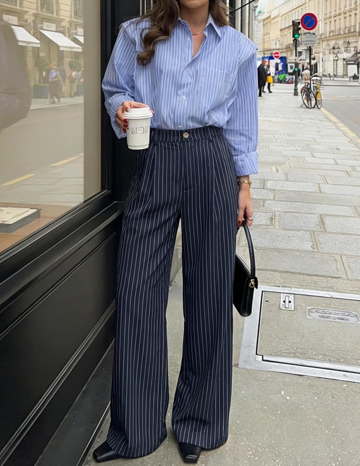image:imageZESICA Womens Wide Leg Striped Palazzo Pants 2026 High Waist Straight Business Work Dressy Slacks Trousers with PocketsNavy