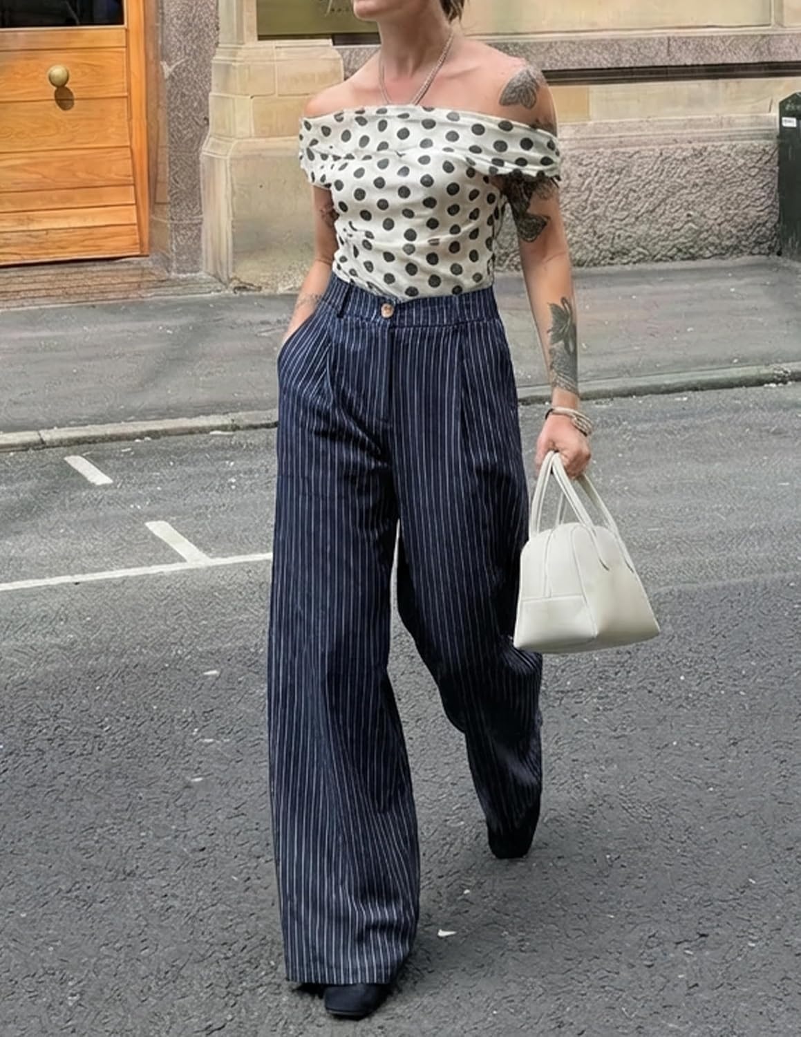 image:imageZESICA Womens Wide Leg Striped Palazzo Pants 2026 High Waist Straight Business Work Dressy Slacks Trousers with PocketsNavy