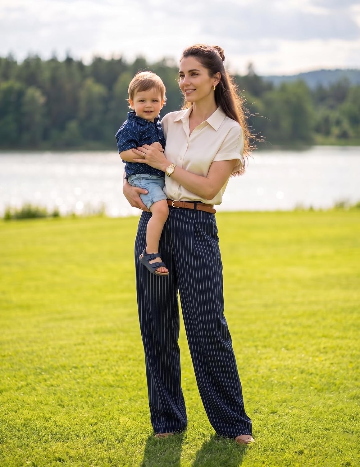 image:imageZESICA Womens Wide Leg Striped Palazzo Pants 2026 High Waist Straight Business Work Dressy Slacks Trousers with PocketsNavy