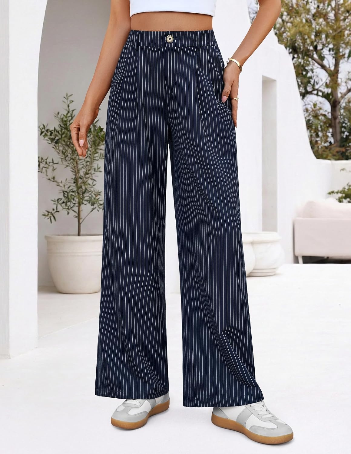 image:imageZESICA Womens Wide Leg Striped Palazzo Pants 2026 High Waist Straight Business Work Dressy Slacks Trousers with PocketsNavy