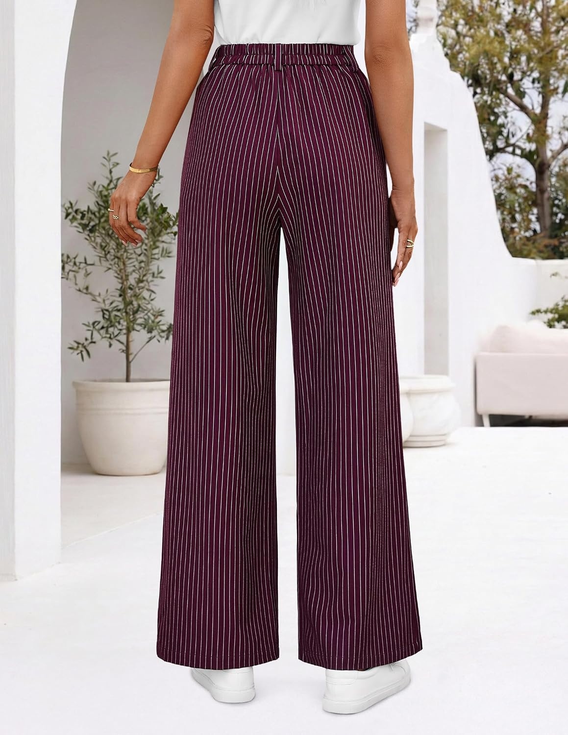 image:imageZESICA Womens Wide Leg Striped Palazzo Pants 2026 High Waist Straight Business Work Dressy Slacks Trousers with PocketsWine